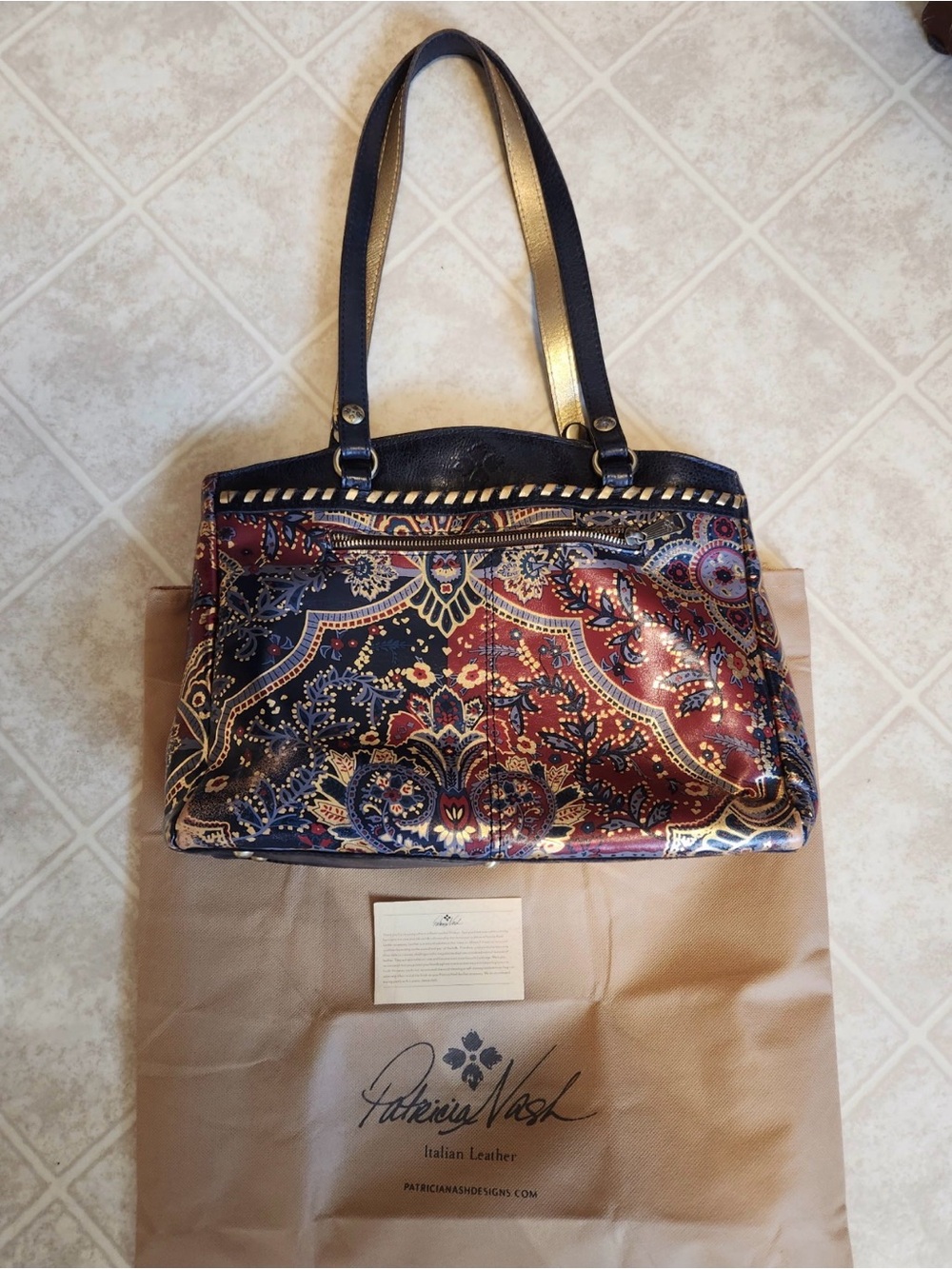 Patricia Nash Paisley Leather Shoulder Bag - Navy, Red & Gold Accents